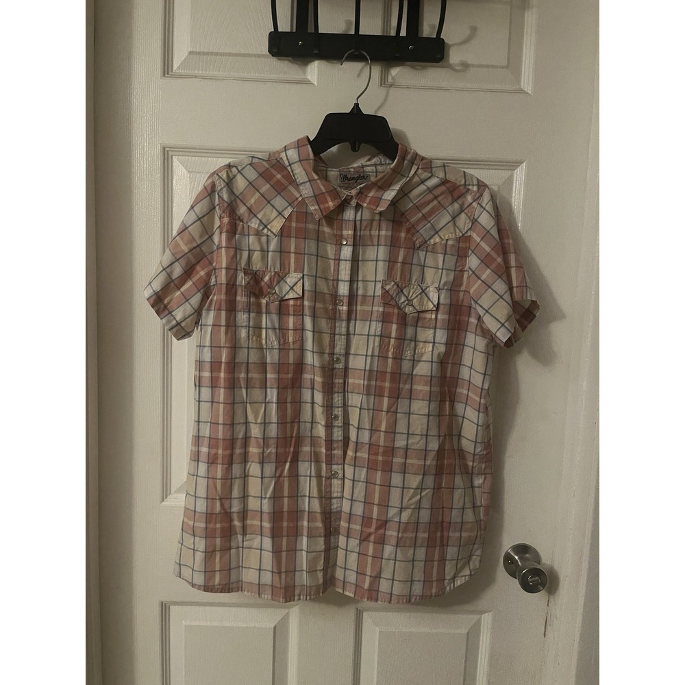 Wrangler Pink White Blue Plaid Woven Cotton Polyester Short Sleeve Snap Shirt XL